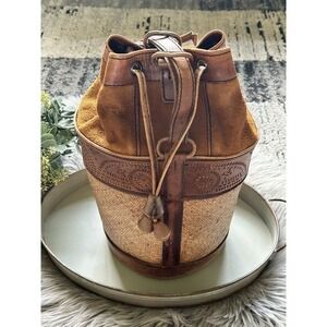 Vintage French Leather Trimmed Wicker‎ Bucket Bag Backpack